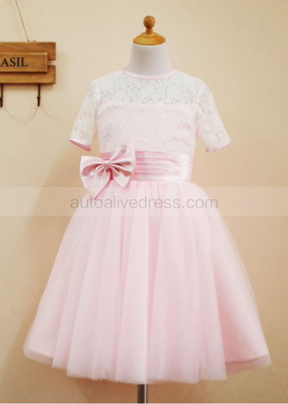 Short Sleeves Lace Tulle Knee Length Flower Girl Dress